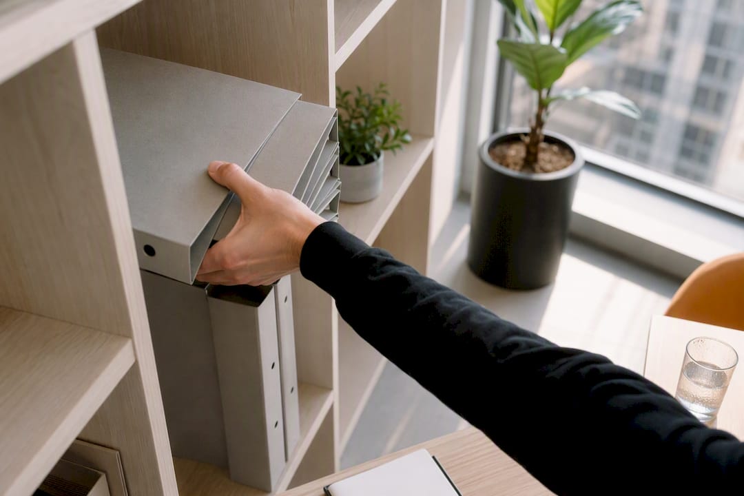 Hand räumt Ordner im Büro auf