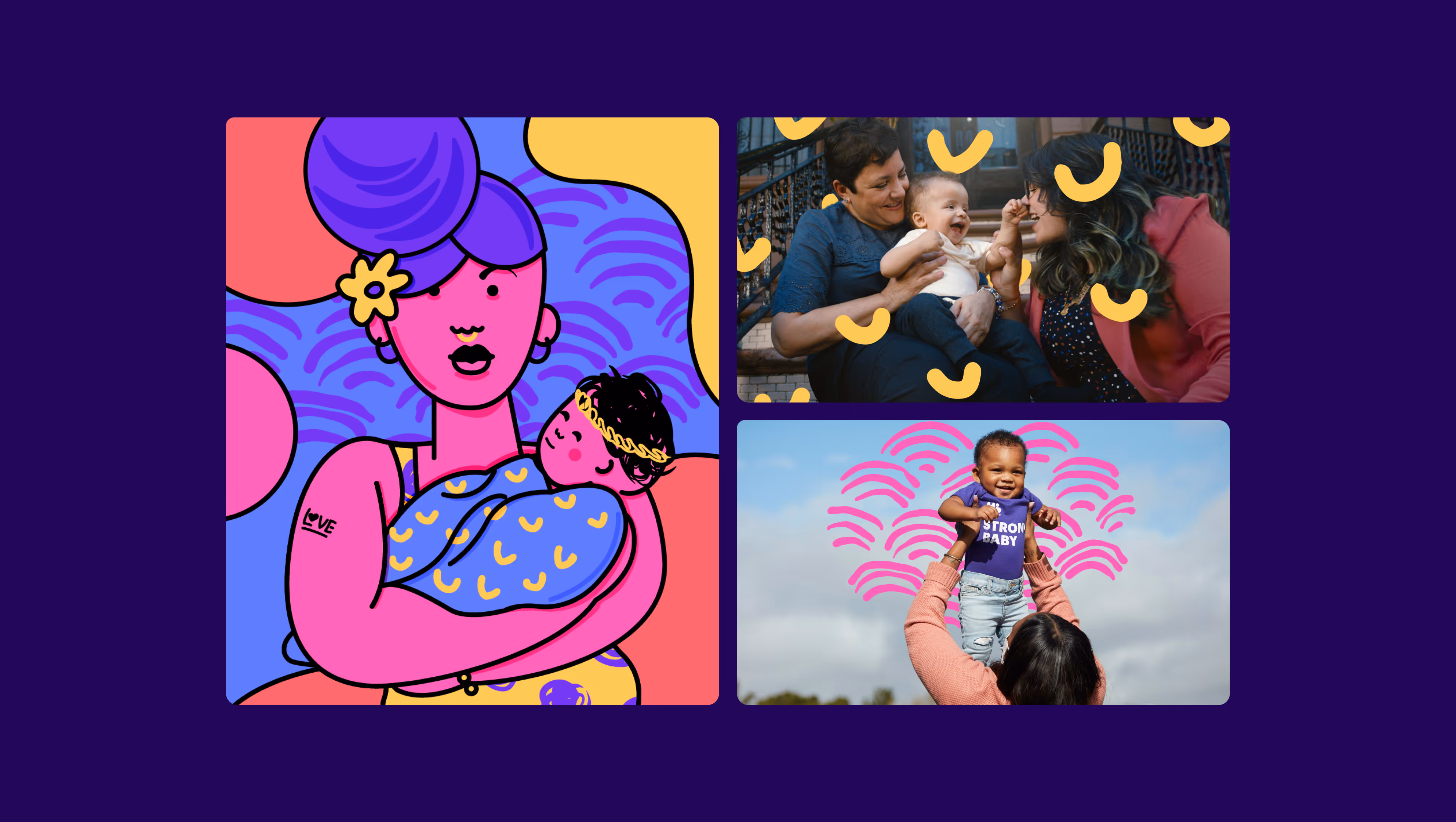 custom illustrations woman and baby, photo of families with decorative elements