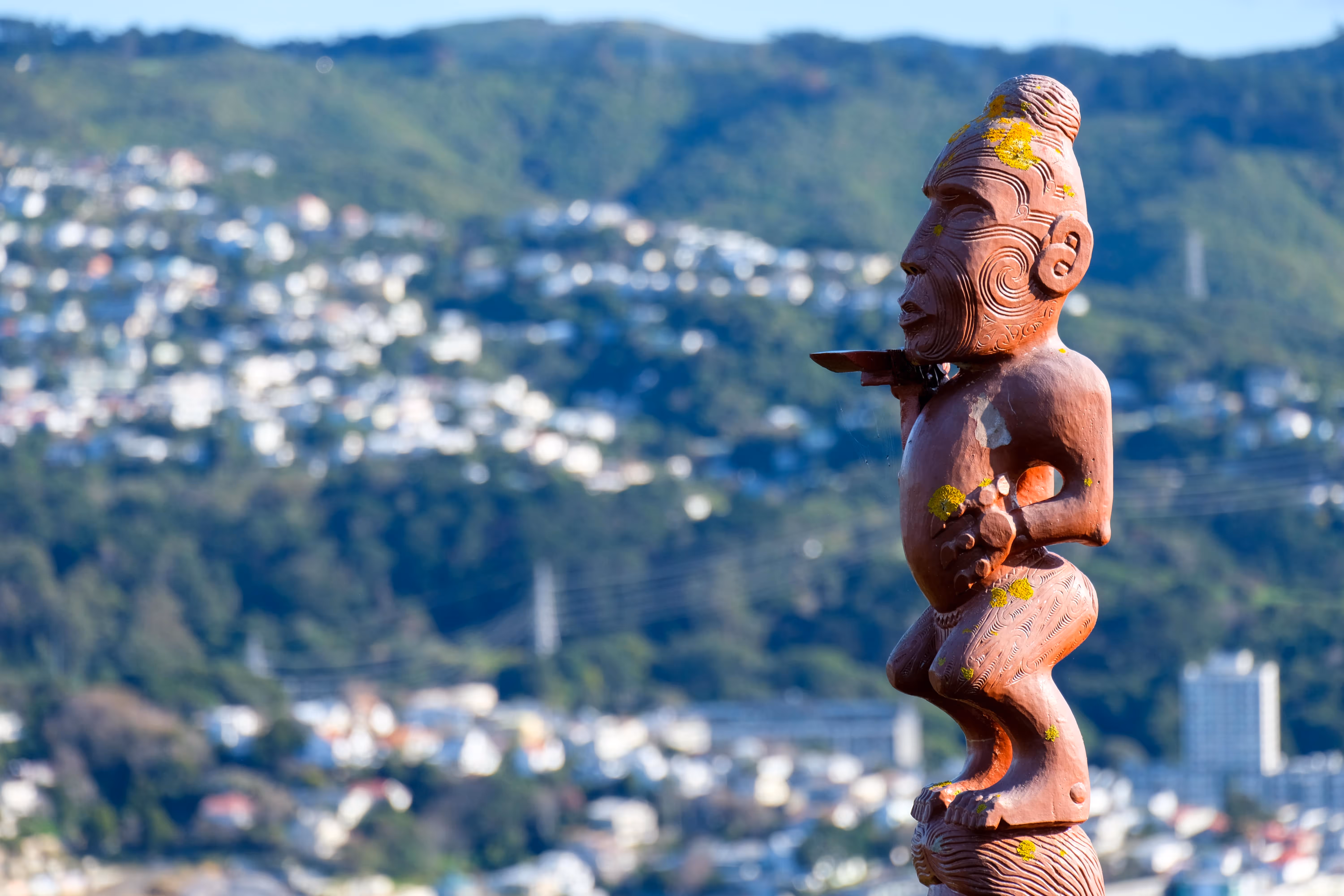 Maori Pouwhenua on top of Mount Victoria in Wellington, New Zealand