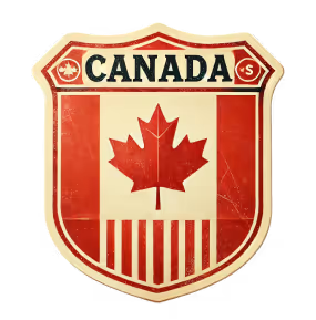 Vintage Canadian flag emblem with maple leaf on shield