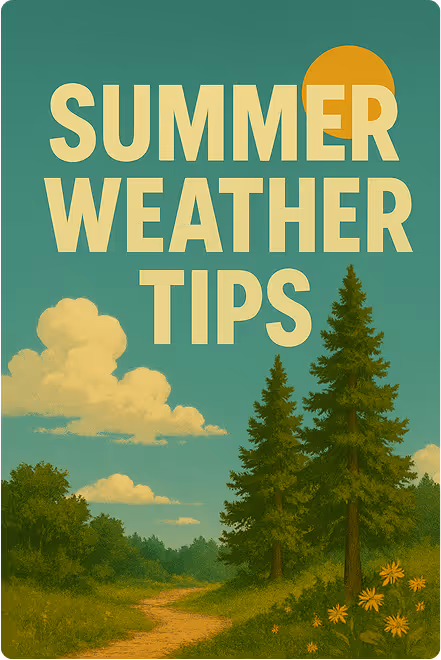 Vintage poster with summer landscape and text about summer weather tips