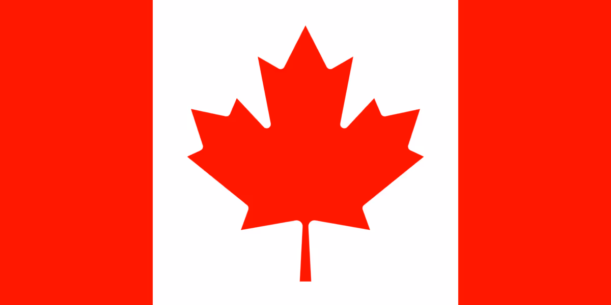 Canadian flag with red maple leaf on white background between red bars
