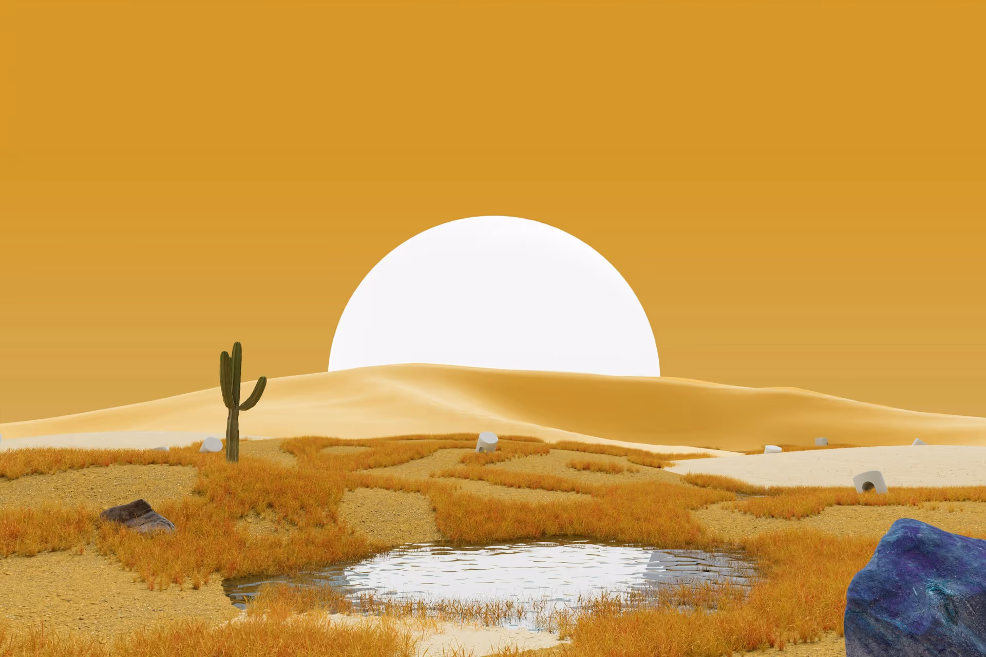 Surreal desert landscape with cactus, water pool, and large sun