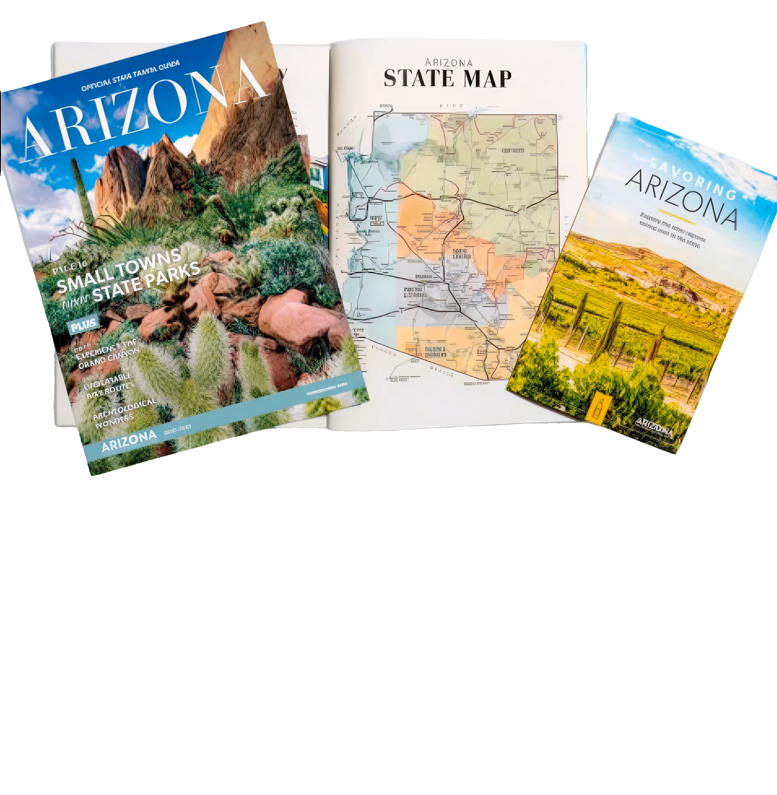 Three Arizona travel guides featuring landscapes, map, and small towns