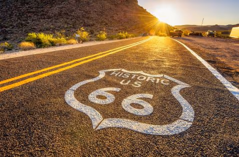 Route 66  Road with a low sunlit perspective. 