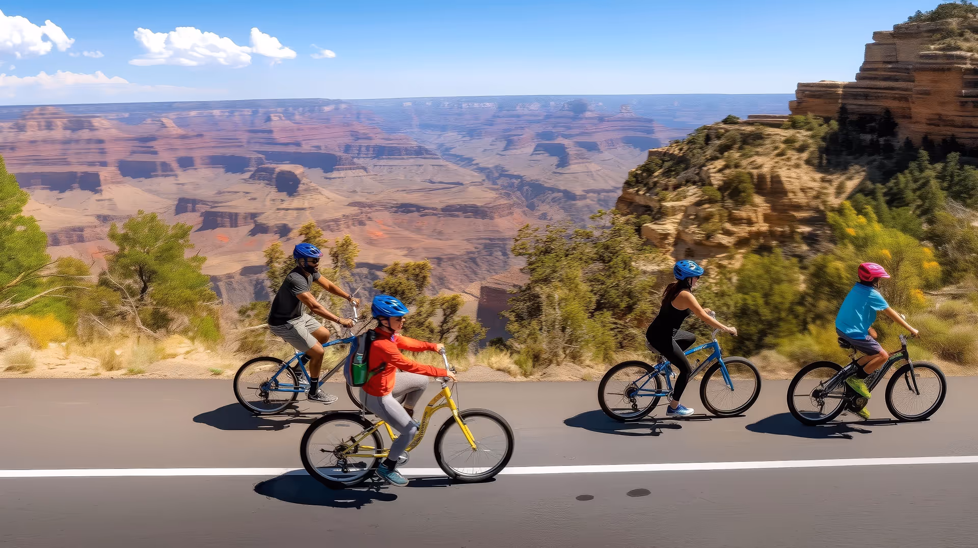 Four people wearing helmets riding bicycles on a paved road with a scenic canyon landscape in the background.
