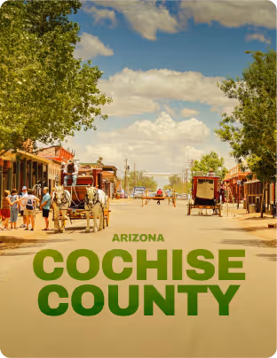 Historical western street scene in Cochise County, Arizona, with horse-drawn carriages, people in period clothing, and trees under a partly cloudy sky.