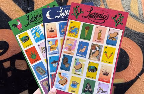 Three colorful Lotería game boards featuring traditional Mexican game symbols like La Sandía, El Cotorro, and La Corona.