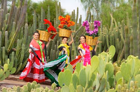 Three women in colorful traditional dresses standing among cacti, each holding a basket with vibrant flowers on their heads.