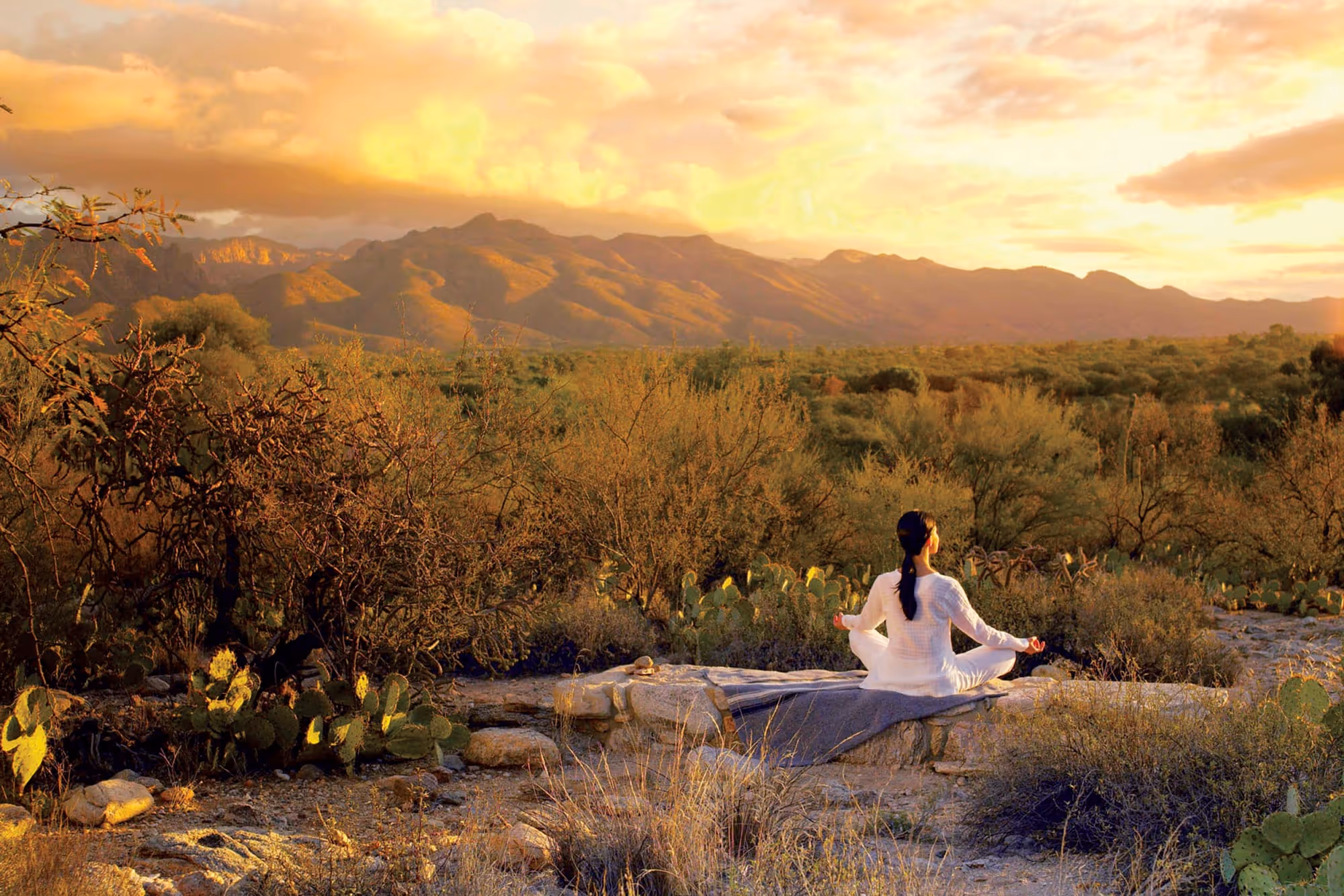 Person in white clothing meditating on a blanket in a desert landscape with cacti and distant mountains at sunset.