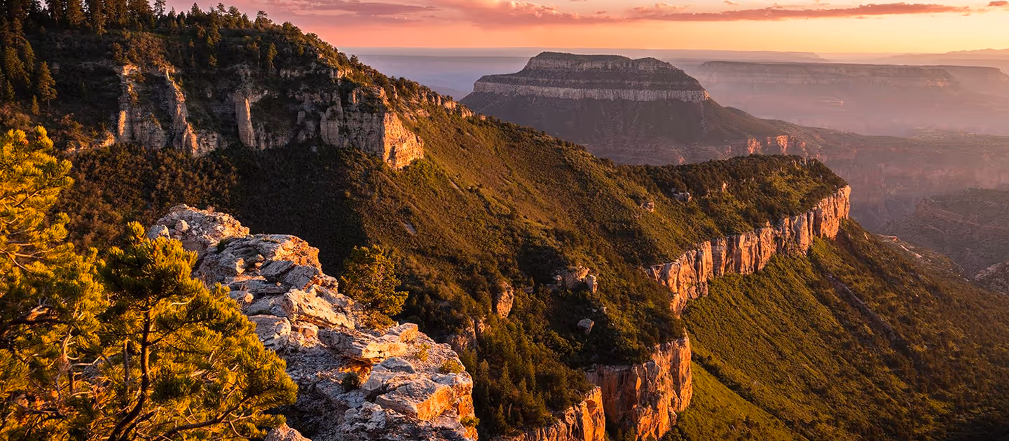 Sunset view of a forested plateau with rock cliffs in the Grand Canyon area.