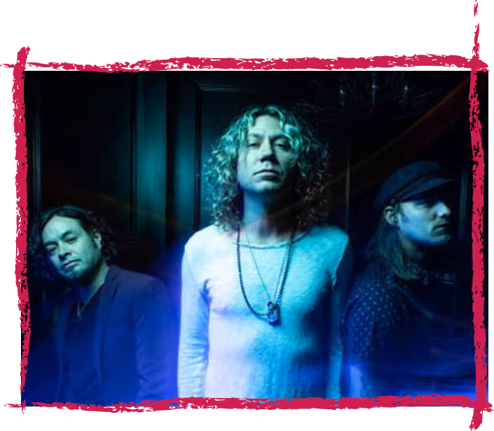 Three men with serious expressions standing in a dark, moody setting with blue lighting, framed by a rough red border.