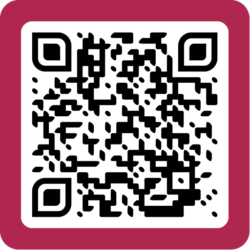 Square QR code in black with rounded corners set on a white background and pink border.