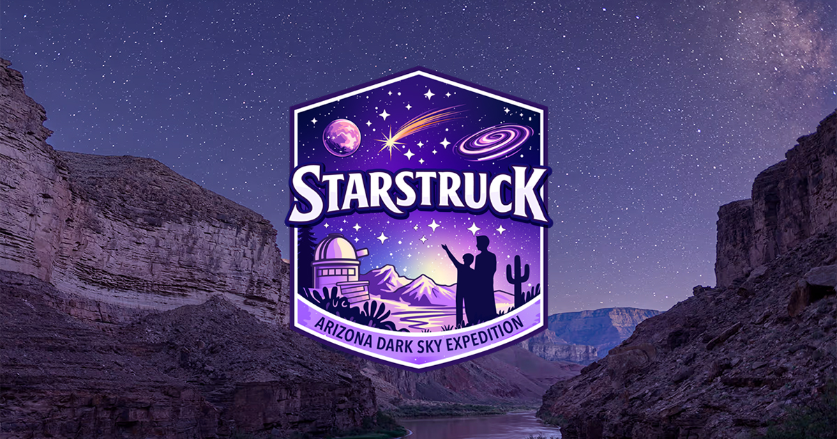 Starstruck Arizona Dark Sky Expedition logo with night sky, observatory, mountains, and two people stargazing.