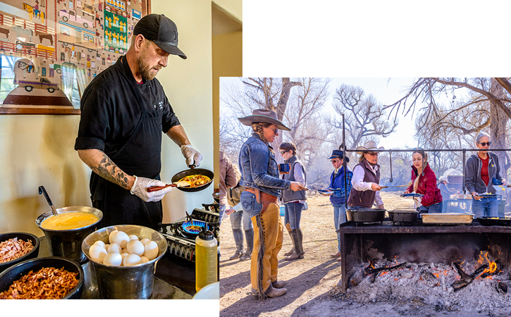 L'une montre un chef cuisinant une omelette pour le petit-déjeuner. L'autre montre plusieurs femmes en tenue western lors d'un barbecue.