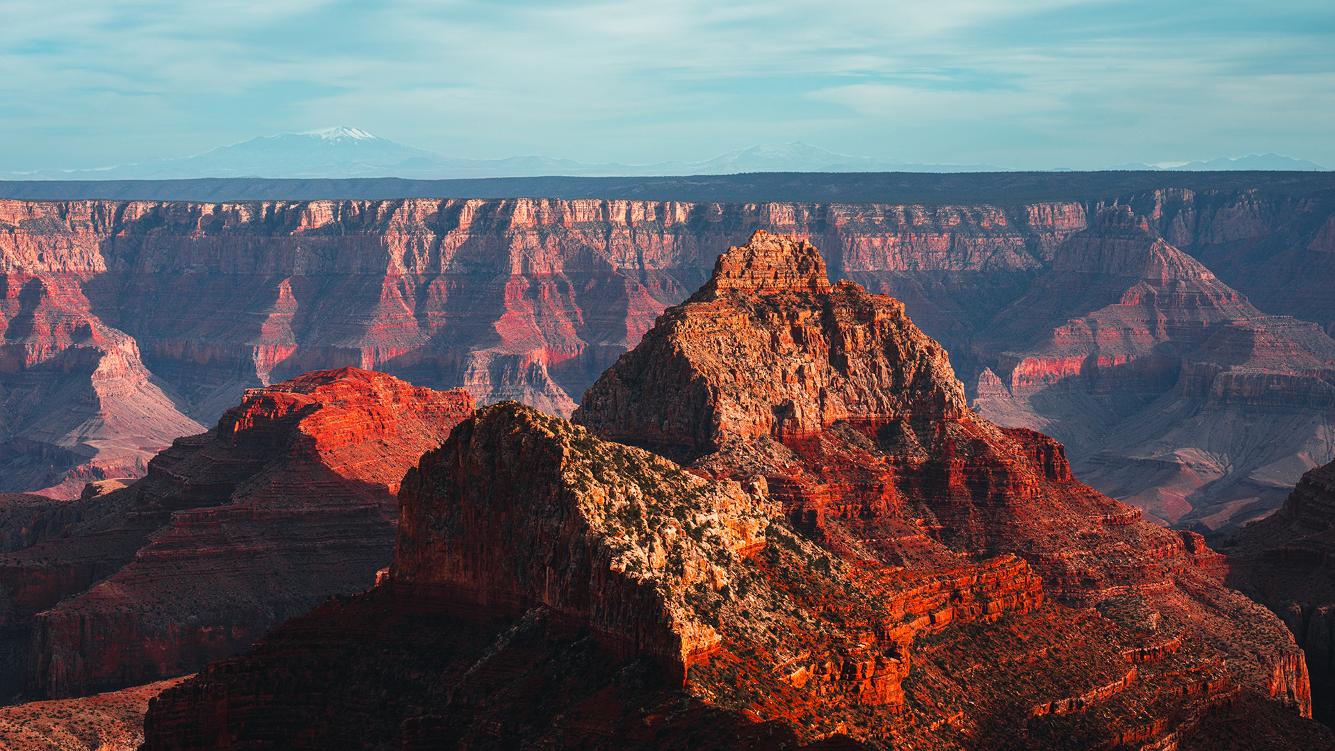 Sunlit red rock formations and cliffs at the Grand Canyon under a blue cloudy sky.