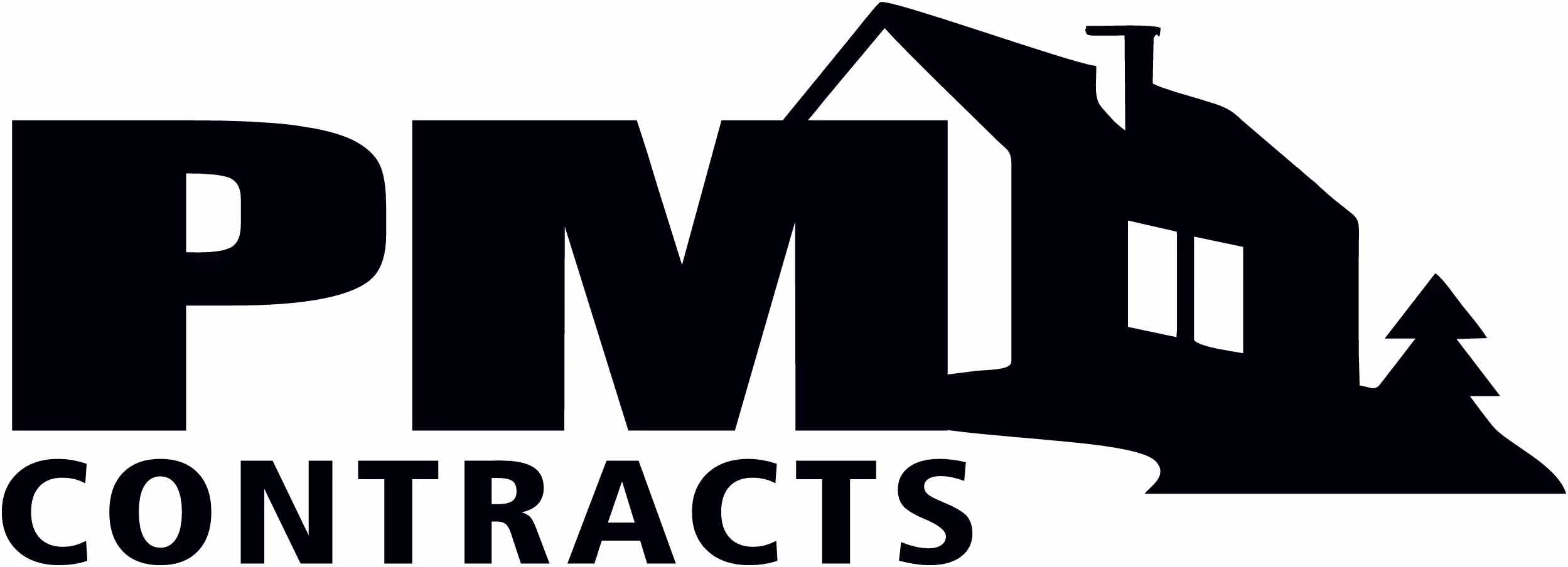 PM Contracts logo with bold letters and a house silhouette with a tree on the right side.