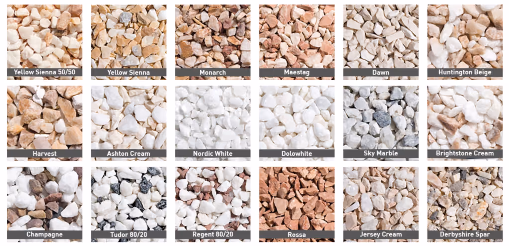 Grid of stone samples with labels including Yellow Sienna 50/50, Monarch, Maestag, Dawn, Huntington Beige, Harvest, Ashton Cream, Nordic White, Dolowhite, Sky Marble, Brightstone Cream, Champagne, Tudor 80/20, Regent 80/20, Rossa, Jersey Cream, and Derbyshire Spar.