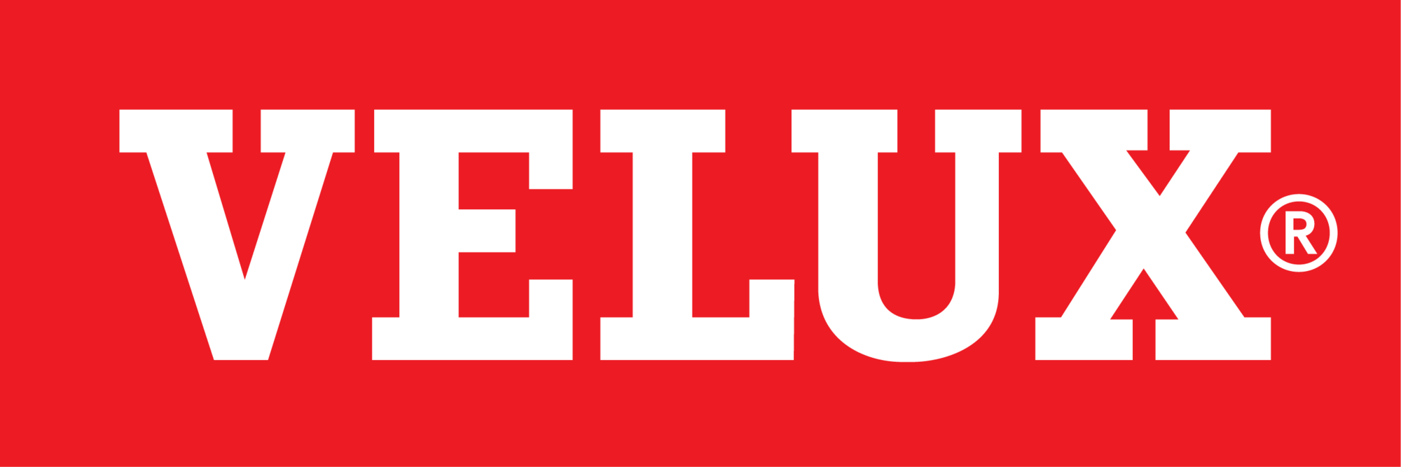 VELUX brand name in bold white letters on a red background with a registered trademark symbol.