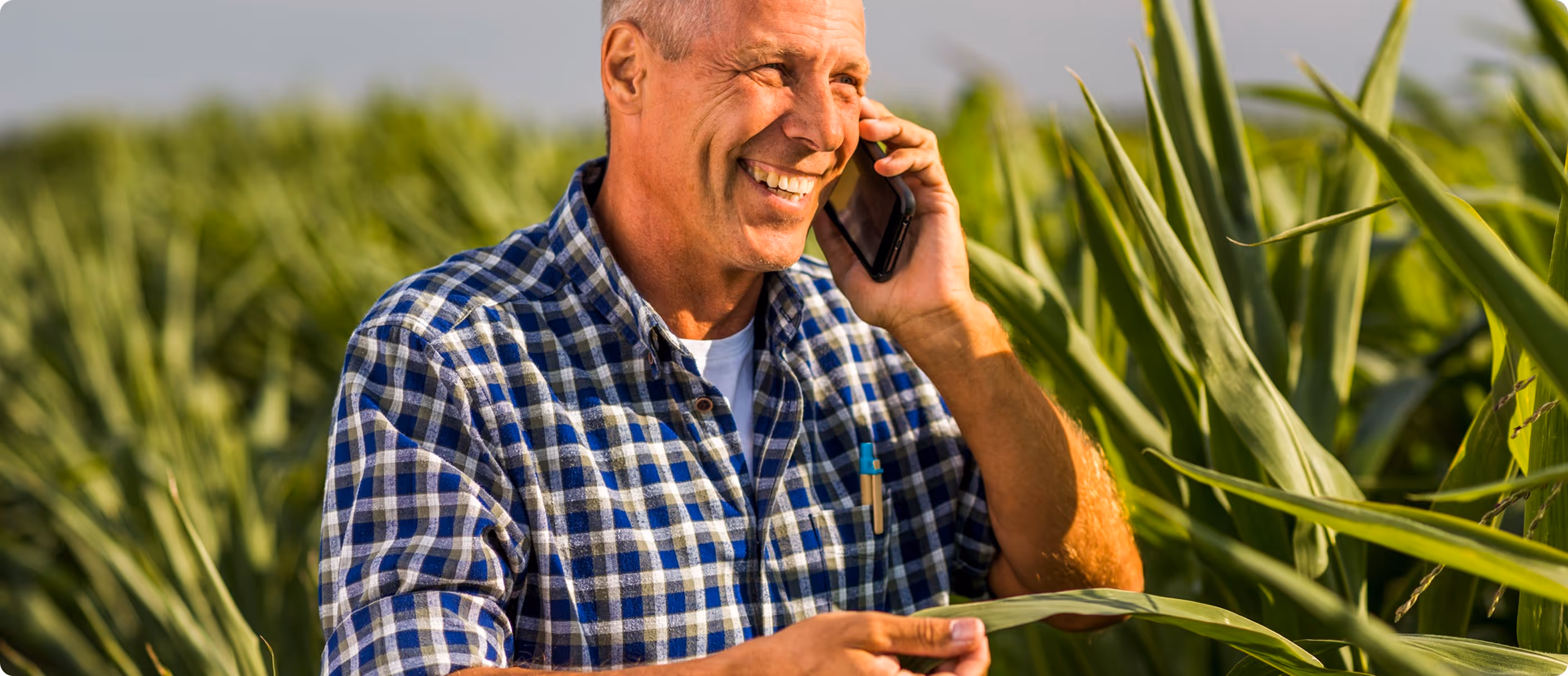 A man talking with someone using his phone in his green field. 