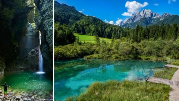 Split view of a waterfall and turquoise river in an alpine valley
