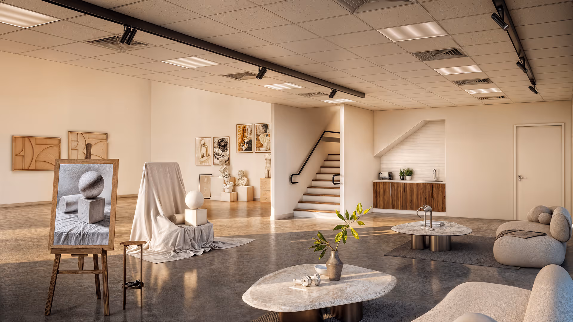 A room with canvas art, couches and chairs