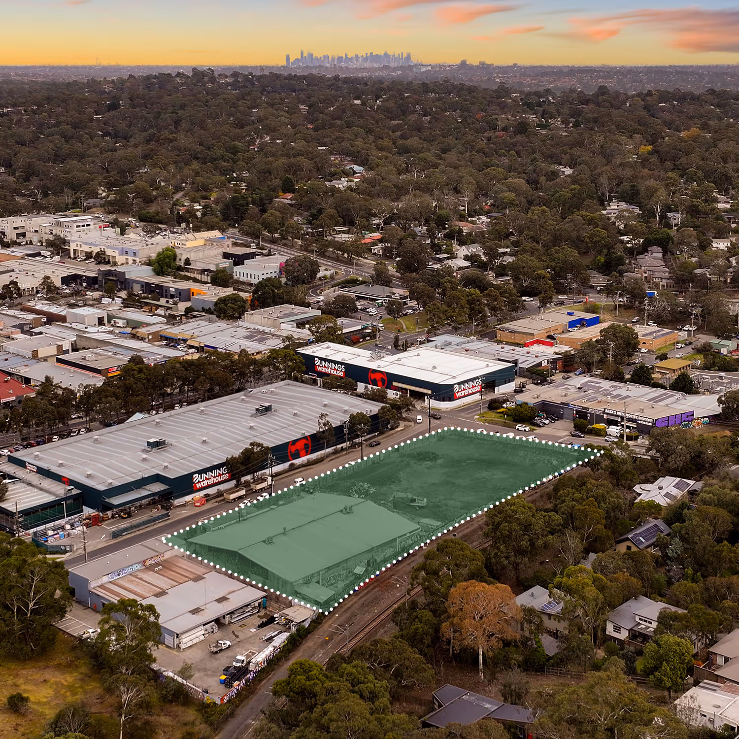 Aerial photo of Eltham Exchange with green shading overlaying location