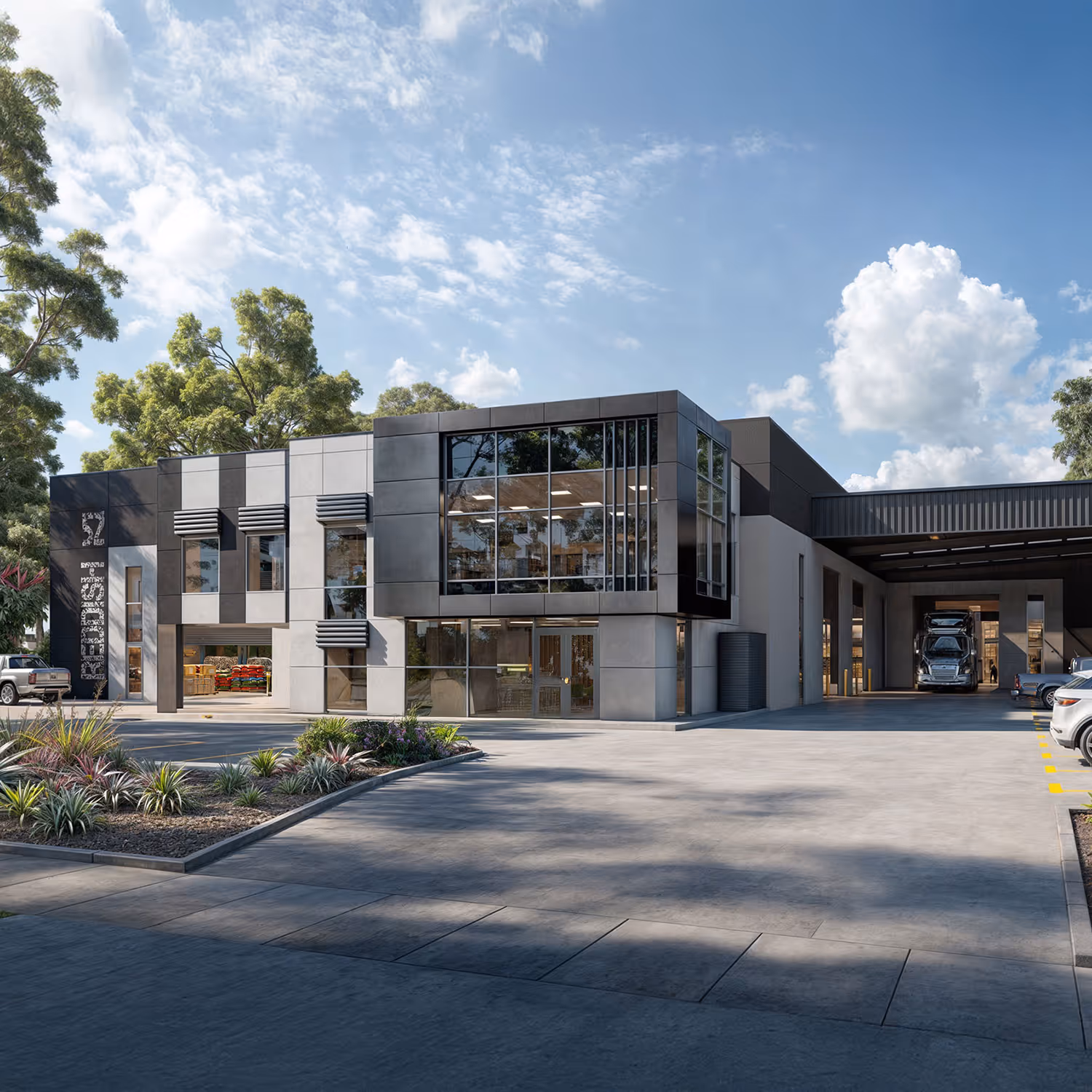 Front of warehouse with dark grey and white panels