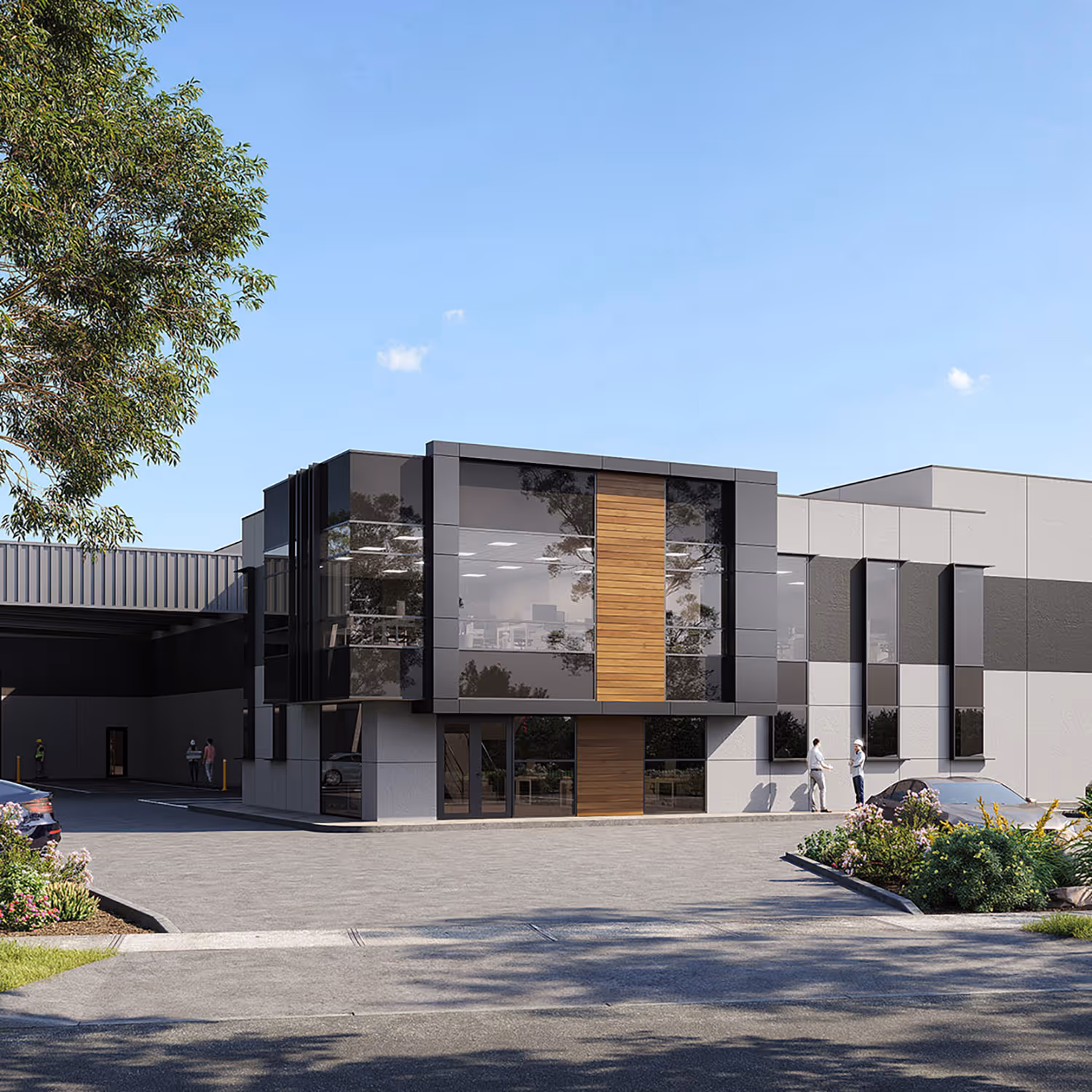 Front of warehouse with dark panels and timber finishes