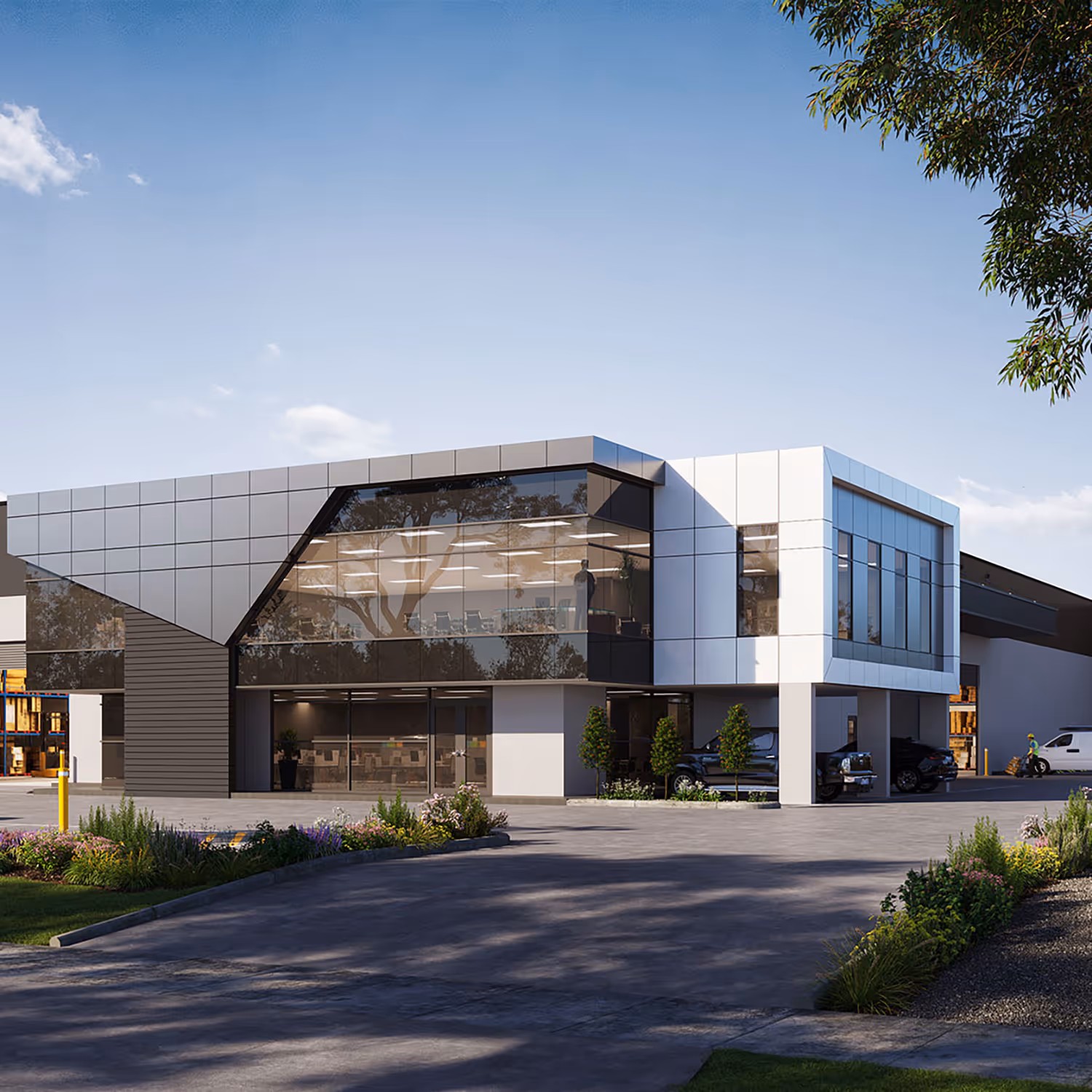Front of warehouse with glass and white and grey panelling