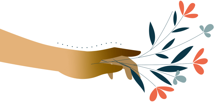 An illustration of a hand holding a brightly colored bouquet of flowers.