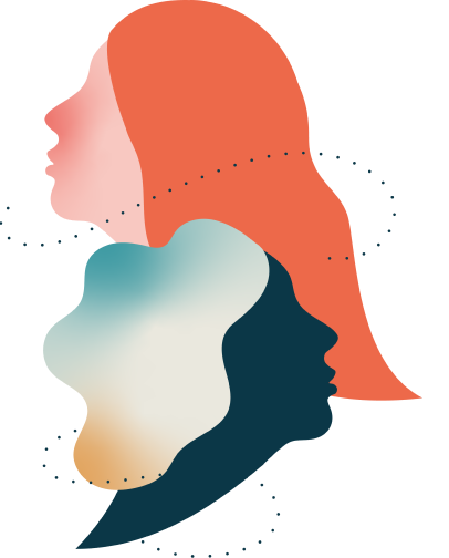 A brightly colored illustration of two people looking in opposite directions.