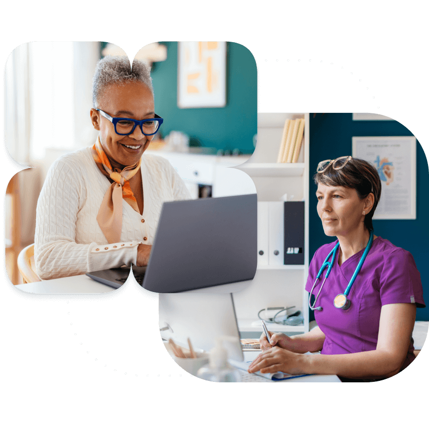 A collage of two icons where the top image depicts a person looking at their computer, and the lower image depicts a doctor talking.