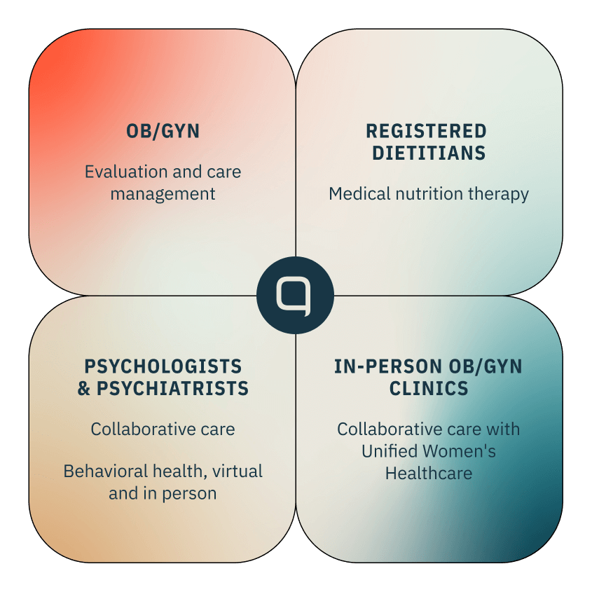 An illustration depicting four sections including OB/GYN, evaluation and care management. Registered Dietitians, medical nutrition therapy. Psychologists and psychiatrists, collaborative care. And In-person ob/gyn clinics, collaborative care with unified women's healthcare.