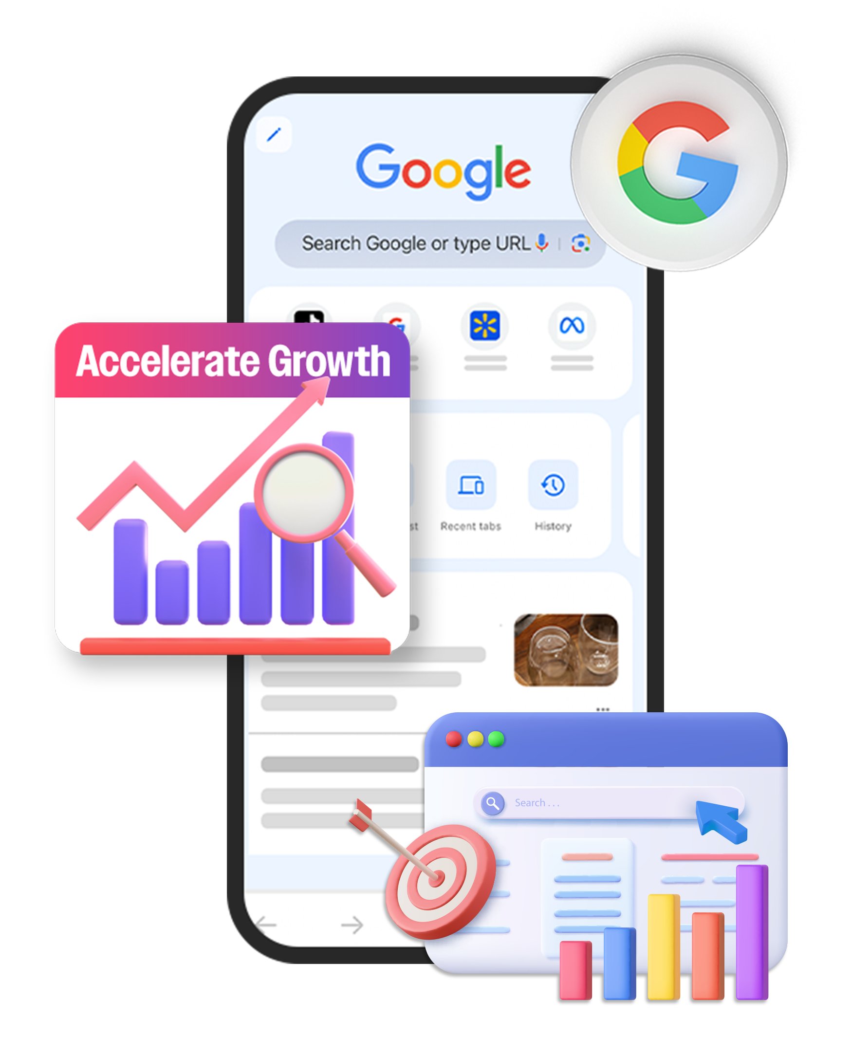 Google Ads management illustration showing accelerate growth charts and search interface