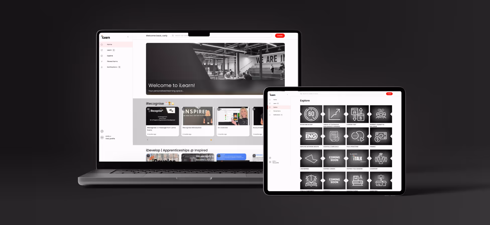 Inspired Entertainment's Thrive learning platform, iLearn, dashboard screens