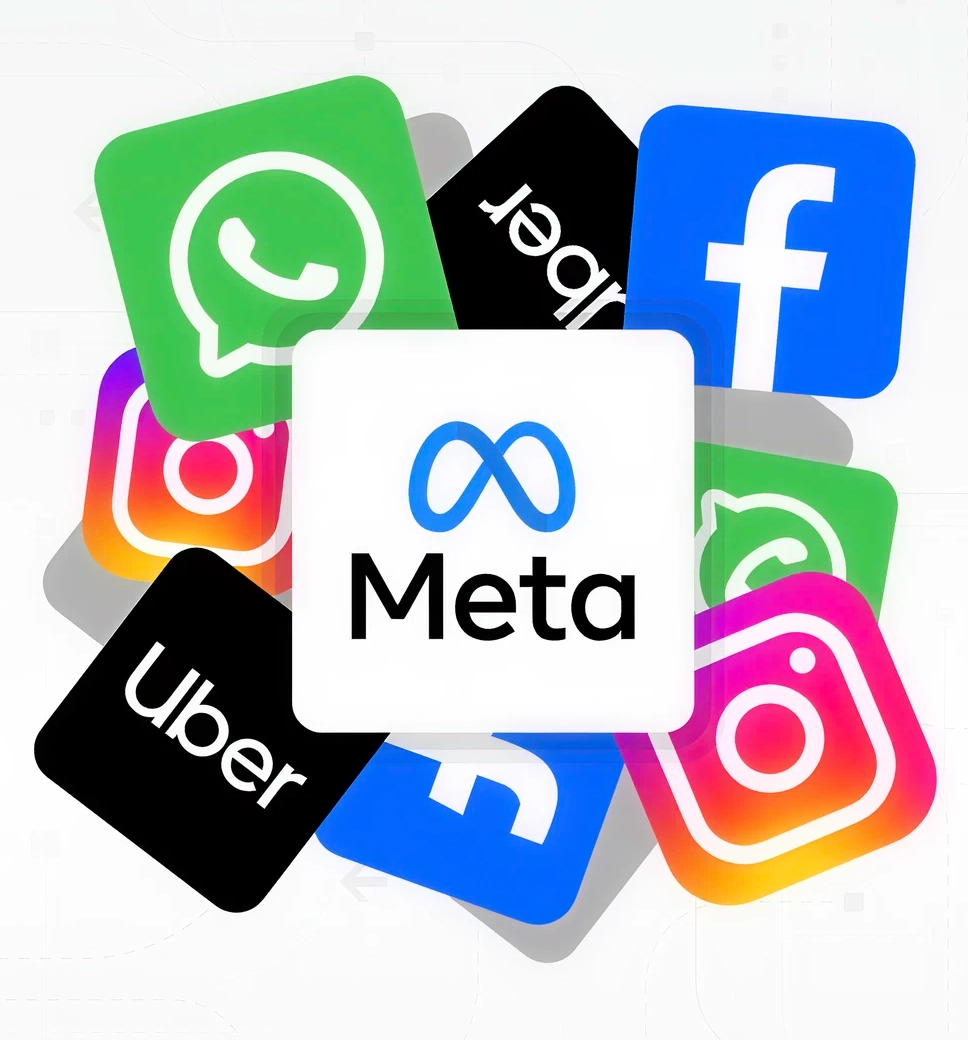 A white square with the blue Meta logo and name sits in the center of a scattered collage of social media and tech icons, including Facebook, Instagram, WhatsApp, and Uber.