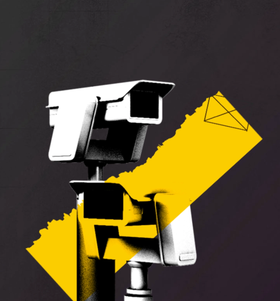 A graphic art composition shows a black and white CCTV camera, with bright yellow abstract shapes and a wireframe diamond overlaid.