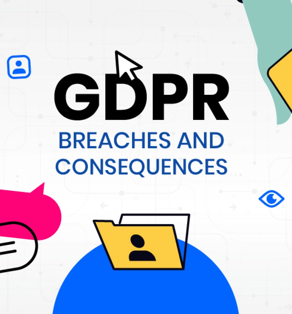The words 'GDPR breaches and consequences' written in caps, there are icons to represent the subject floating around it, like folders, speech bubbles and profile icons.