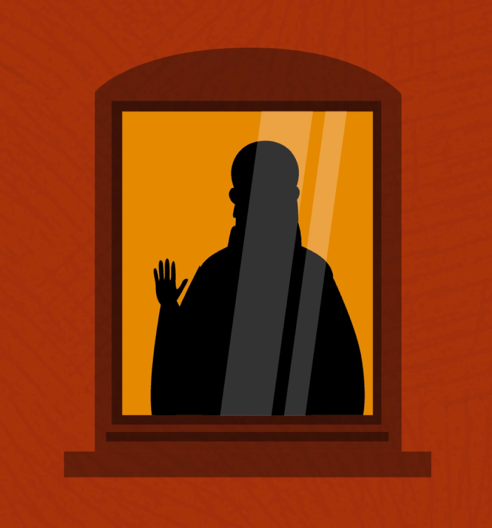 A silhouette of a person looking out of a window, their hand pressed up against it.
