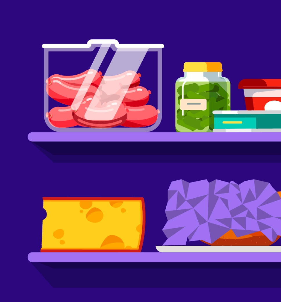 A 2D illustration of a refrigerator shelf containing sausages in a container, a jar of pickles, a block of cheese, and a covered dish.