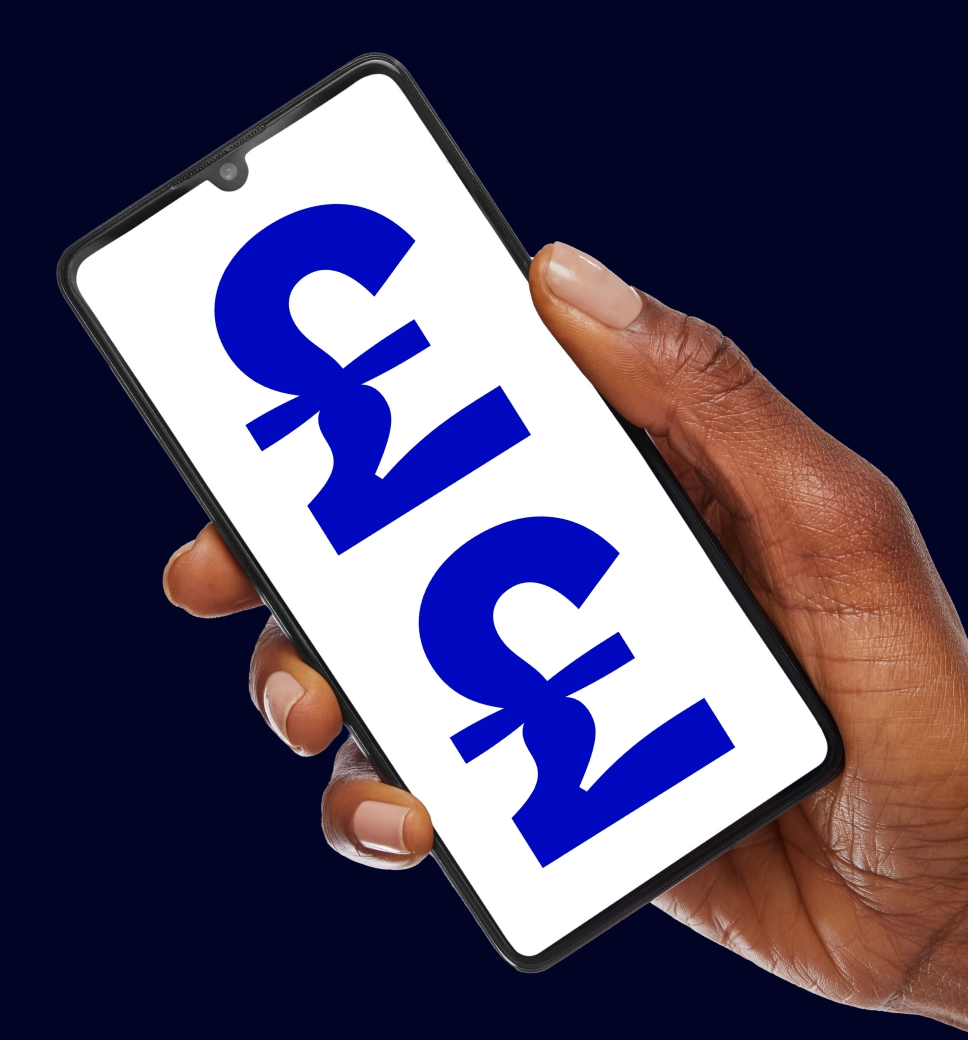 A close-up of a hand holding a smartphone that displays two large, blue pound sterling symbols against a white screen.