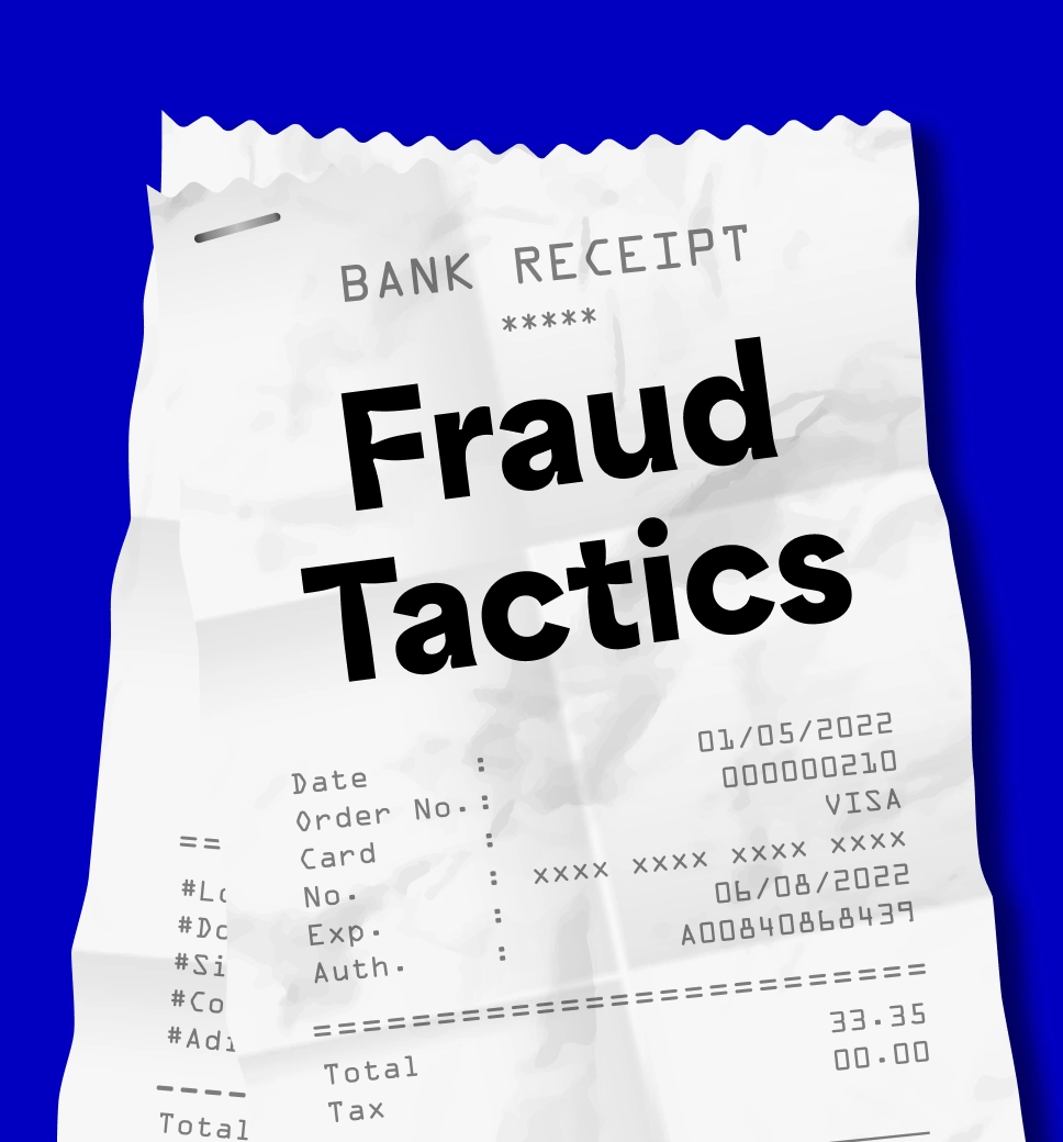 A crumpled white bank receipt with the words "Fraud Tactics" printed in large, bold black letters across the center.
