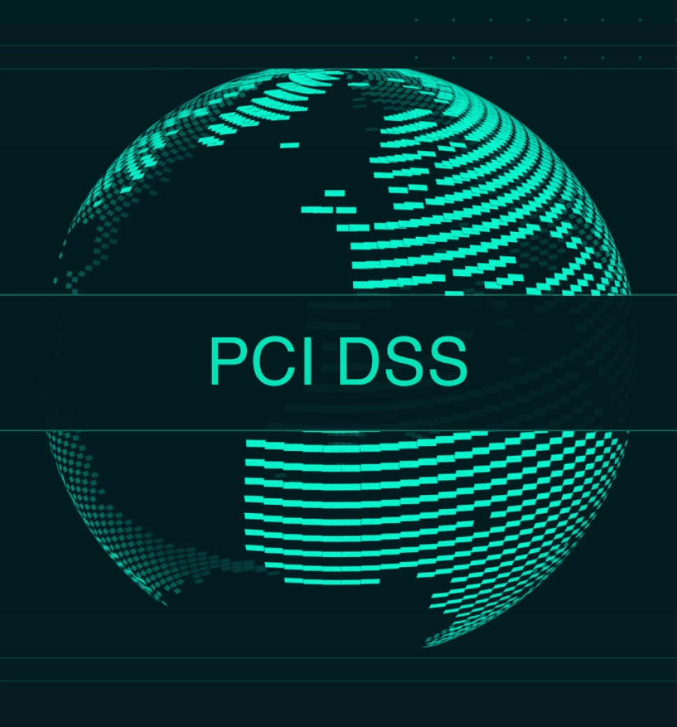 A high-tech teal graphic of a digital globe with the text "PCI DSS" centered in a translucent horizontal band.