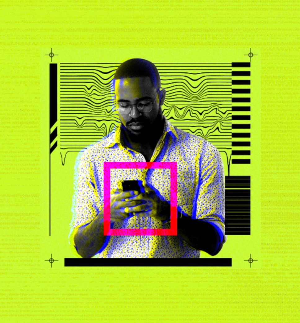 A glitch-style graphic of a man using a smartphone, framed by a pink square and digital waveforms on a bright yellow background.