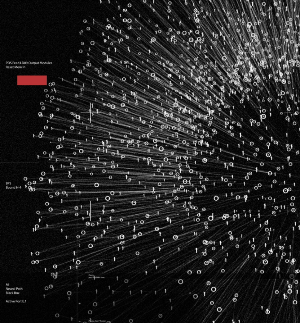 A black and white abstract visualization of a neural network explosion featuring binary digits, radiating lines, and technical data labels.