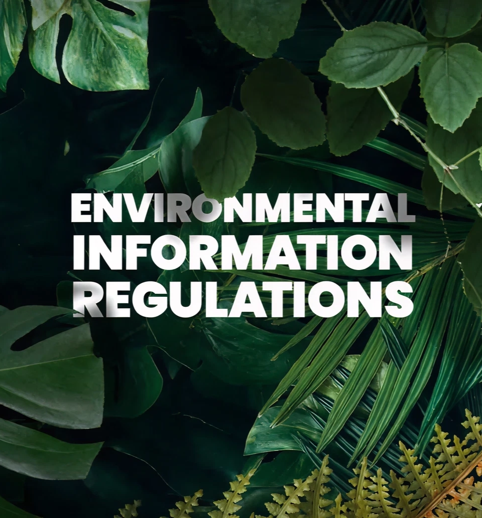 Bold white text reading "ENVIRONMENTAL INFORMATION REGULATIONS" overlaid on a background of dark green tropical leaves.