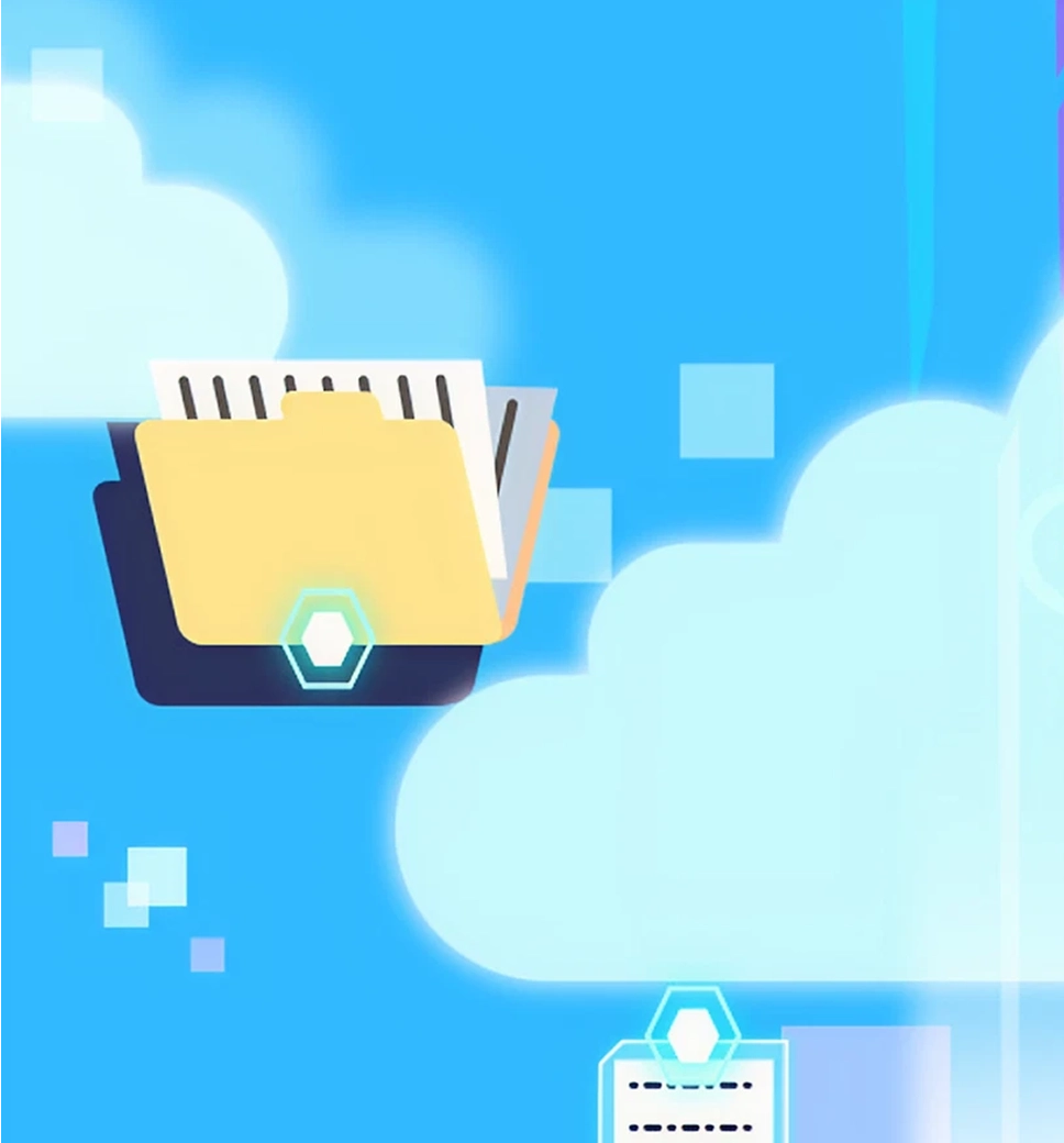 A stylized 2D illustration of a file folder with glowing security icons floating among bright blue clouds.