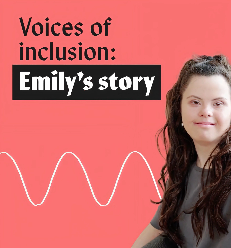 A portrait of a smiling woman with long brown hair next to the text "Voices of inclusion: Emily’s story," with a white sine wave graphic running across the bottom.