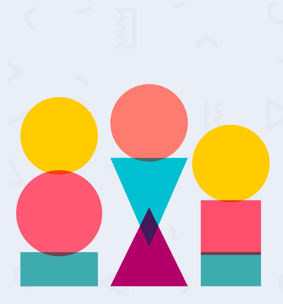 An abstract graphic featuring various colorful geometric shapes—circles, triangles, and rectangles—stacked and overlapping in three distinct pillars on a light background.